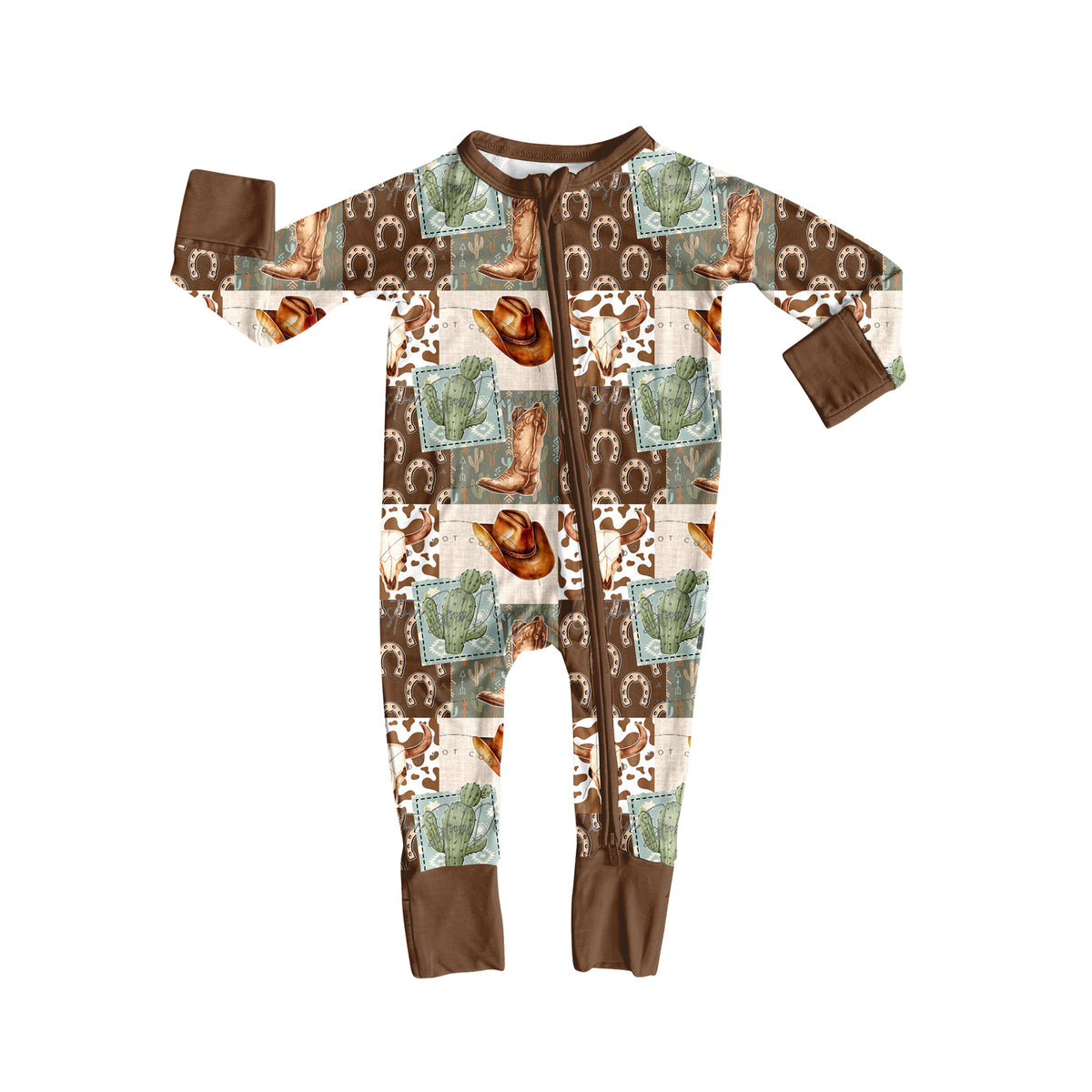 preorder LR2360 Western boot cactus hat brown long sleeve zipper boys romper