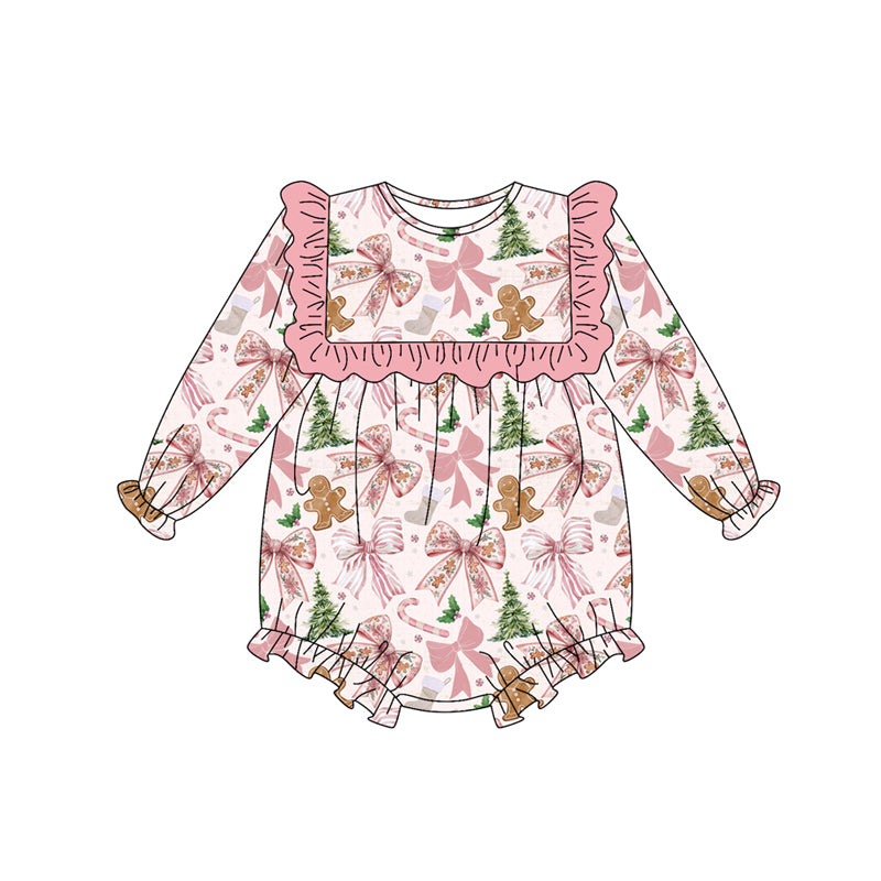 preorder LR2367 Christmas bows tree candy cane gingerbread man holly berry pink long sleeve girls romper