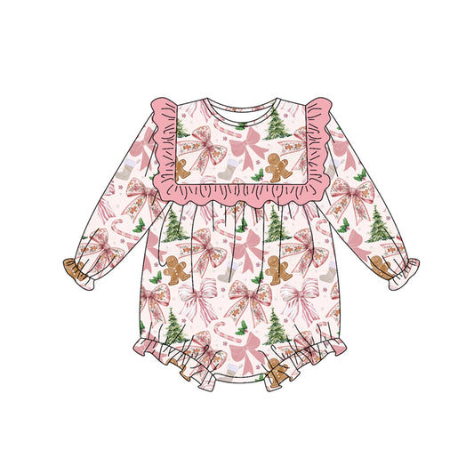preorder LR2367 Christmas bows tree candy cane gingerbread man holly berry pink long sleeve girls romper