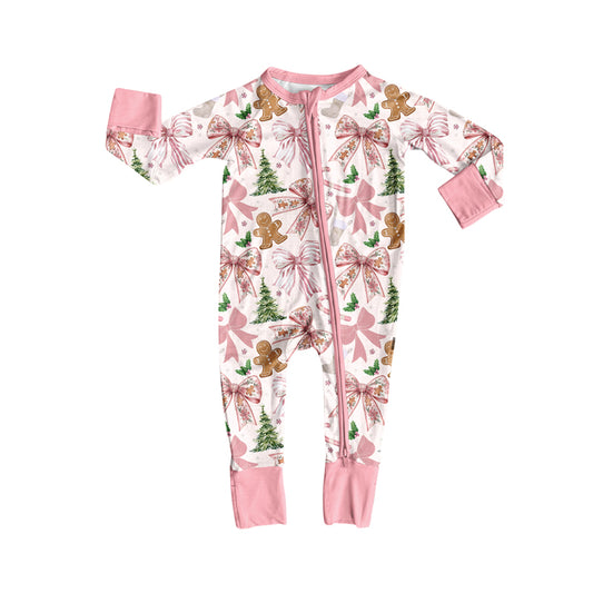 preorder LR2368 Christmas bows tree candy cane gingerbread man holly berry pink long sleeve zipper girls romper