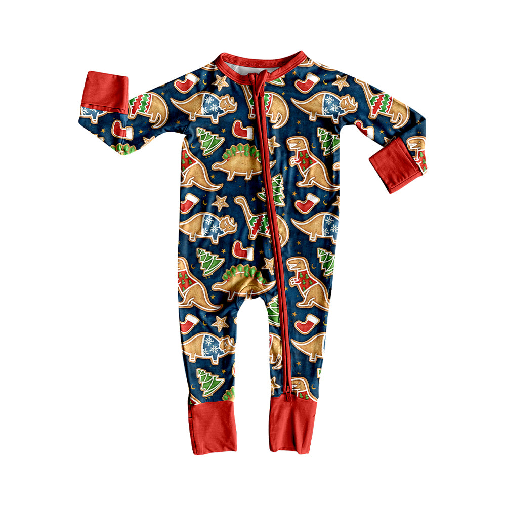 preorder LR2369 Christmas gingerbread man dinosaur zipper long sleeve boys romper