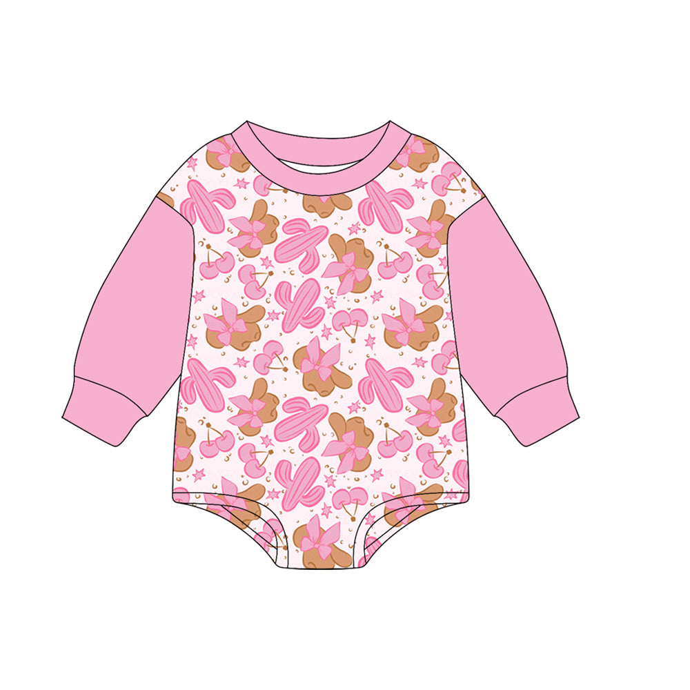 preorder LR2372 Western cactus hat berry pink long sleeve girls romper