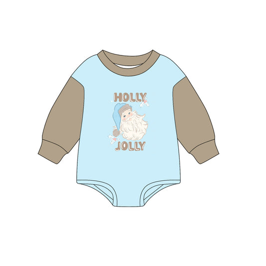preorder LR2376  Christmas Sant holly jolly blue long sleeve boys romper