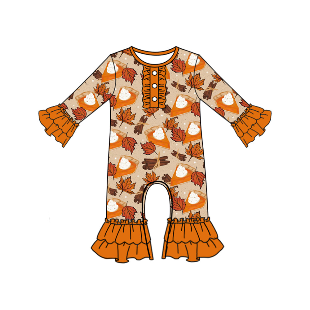 preorder LR2379 Thanksgiving pie leaf orange long sleeve girls romper