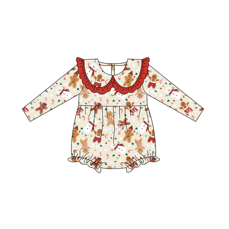 preorder LR2380 Christmas gingerbread man long sleeve girls romper