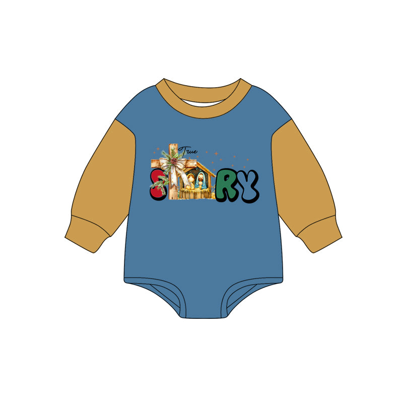 preorder LR2382 the nativity story blue long sleeve boys romper