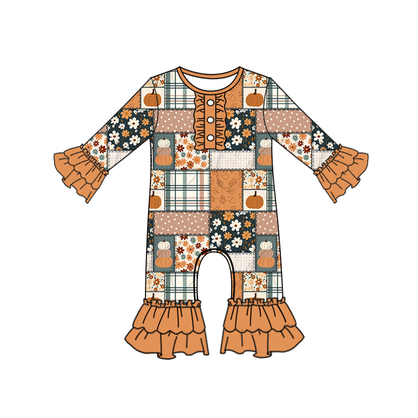 preorder LR2388 Autumn pumpkin flowers orange long sleeve girls romper