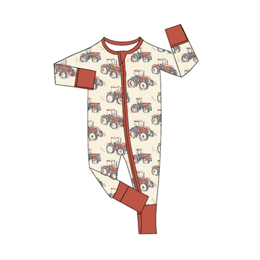 preorder LR2392 farm tractor red zipper long sleeve boys romper