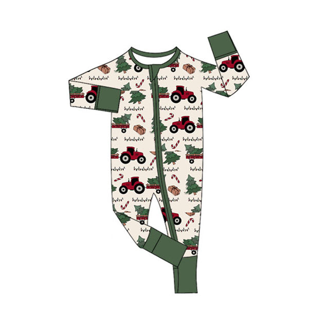 preorder LR2393 Christmas candy cane truck tree green zipper long sleeve boys romper