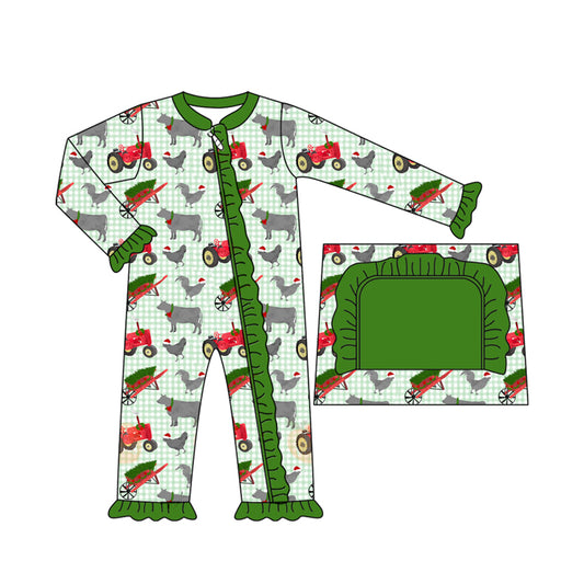 preorder LR2399 Christmas tractor animals green checkered zipper long sleeve girls romper