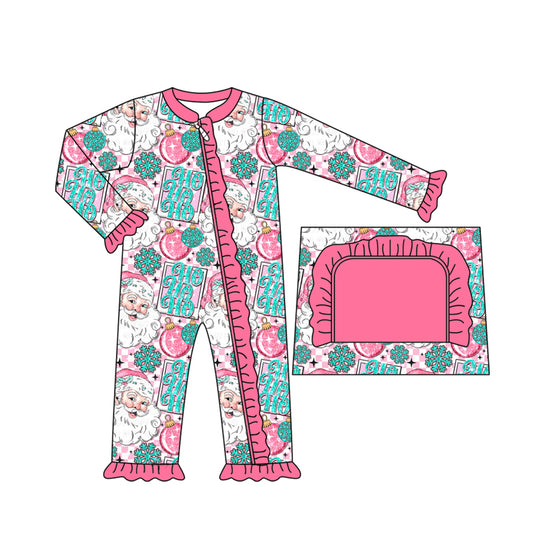 preorder LR2400 Christmas Santa snow HO HO HO pink zipper long sleeve girls romper