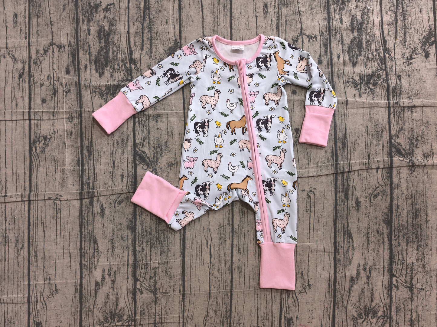 preorder Samples LR2401 Farm Animals Pink Zipper Long Sleeve Girls Romper