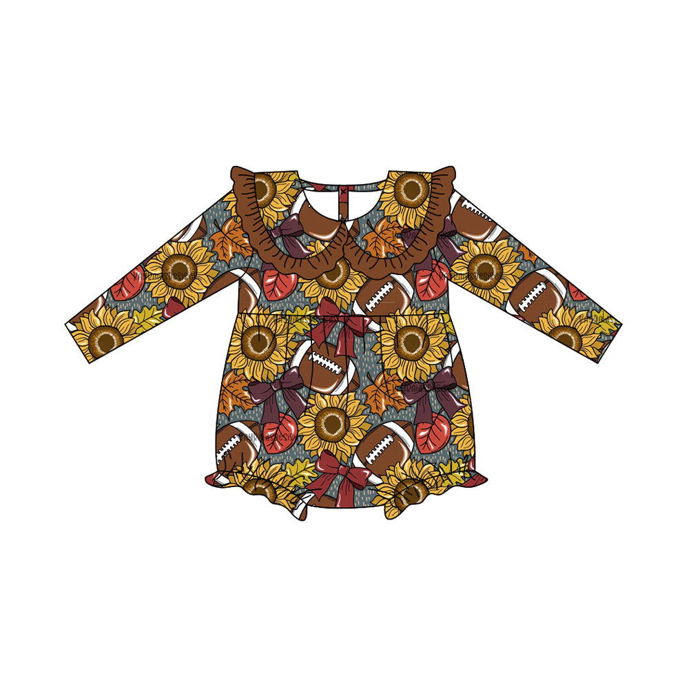 preorder LR2416 football sunflowers bows brown long sleeve girls romper