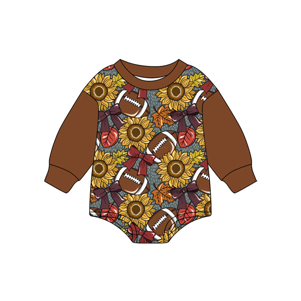 preorder LR2417 football sunflowers bows brown long sleeve boys romper