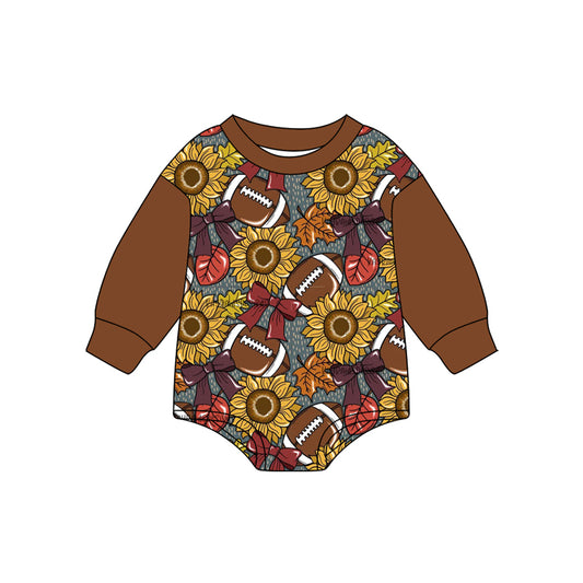 preorder LR2417 football sunflowers bows brown long sleeve boys romper
