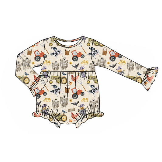 preorder LR2421 Halloween spooky farm chick tractor animals long sleeve girls romper
