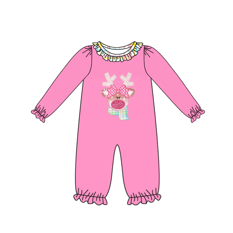 preorder LR2426 Christmas deer hot pink long sleeve girls romper