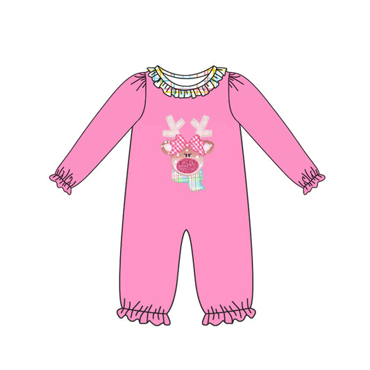 preorder LR2426 Christmas deer hot pink long sleeve girls romper