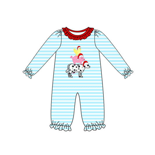 preorder LR2428 Christmas hat animals pig chick dog blue striped long sleeve girls romper