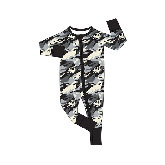 preorder LR2434 Halloween spooky grey black camo long sleeve zipper boys romper