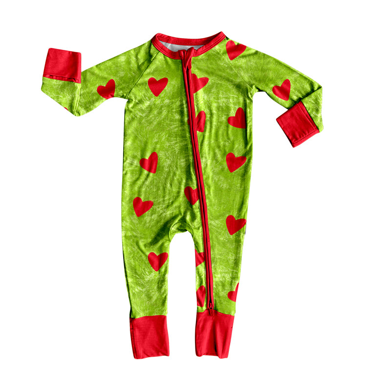 preorder LR2435 Christmas red heart green zipper long sleeve boys romper