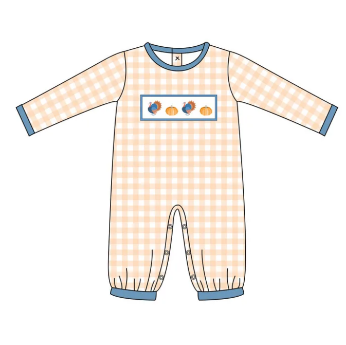 preorder LR2437 Thanksgiving Pumkin turkey orange checkered long sleeve boys romper