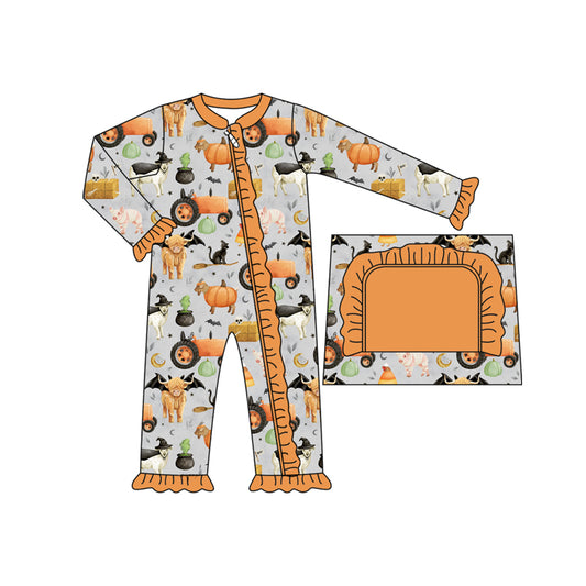 preorder LR2443 Halloween pumpkin cow tractor animals farm orange zipper long sleeve girls romper