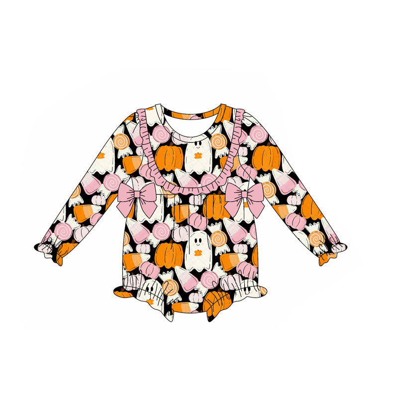 preorder LR2445 Halloween spooky pumpkin bows pink long sleeve girls romper