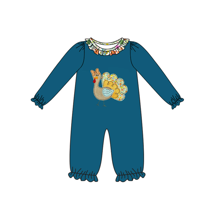 preorder LR2448 Thanksgiving turkey navy blue long sleeve girls romper
