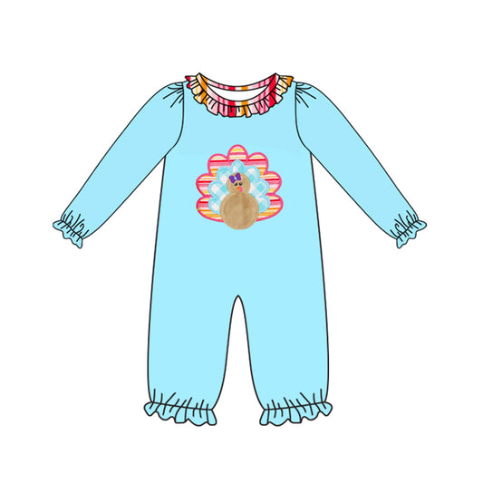preorder LR2449 Thanksgiving turkey blue long sleeve girls romper