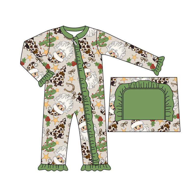 preorder LR2451 Western Christmas cactus Santa holly berry green zipper long sleeve girls romper