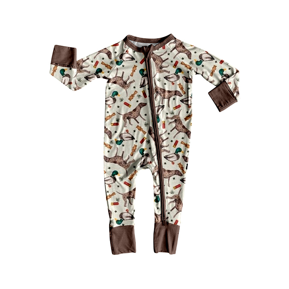 preorder LR2454 hunting mallard duck all brown long sleeve zipper boys romper