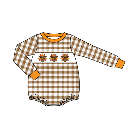 preorder LR2456 Thanksgiving turkey khaki checkered long sleeve boys romper