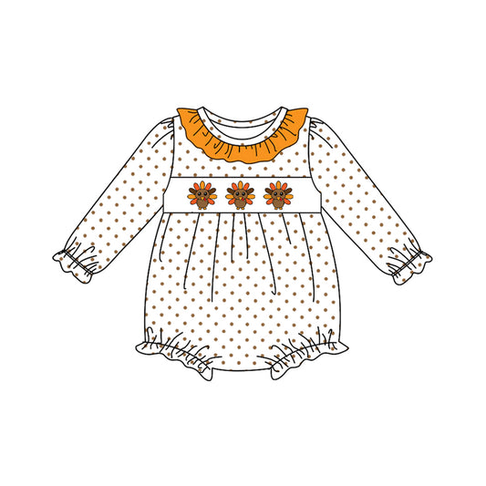 preorder LR2457 Thanksgiving turkey orange dot long sleeve girls romper