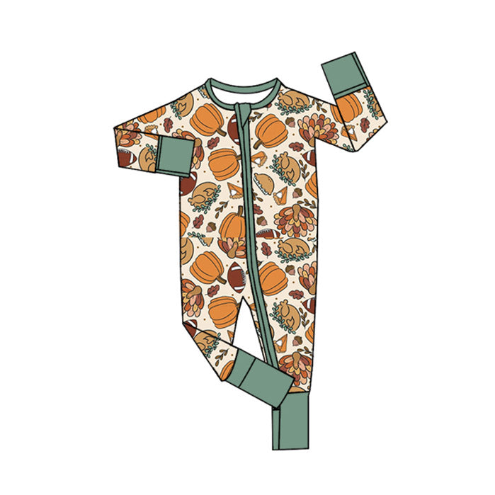 preorder LR2459 Thanksgiving turkey pumpkin pie zipper long sleeve boys romper