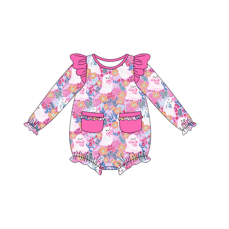 preorder LR2471 Halloween spooky flowers hot pink pockets long sleeve girls romper