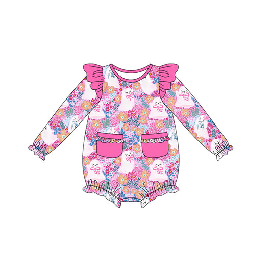 preorder LR2471 Halloween spooky flowers hot pink pockets long sleeve girls romper