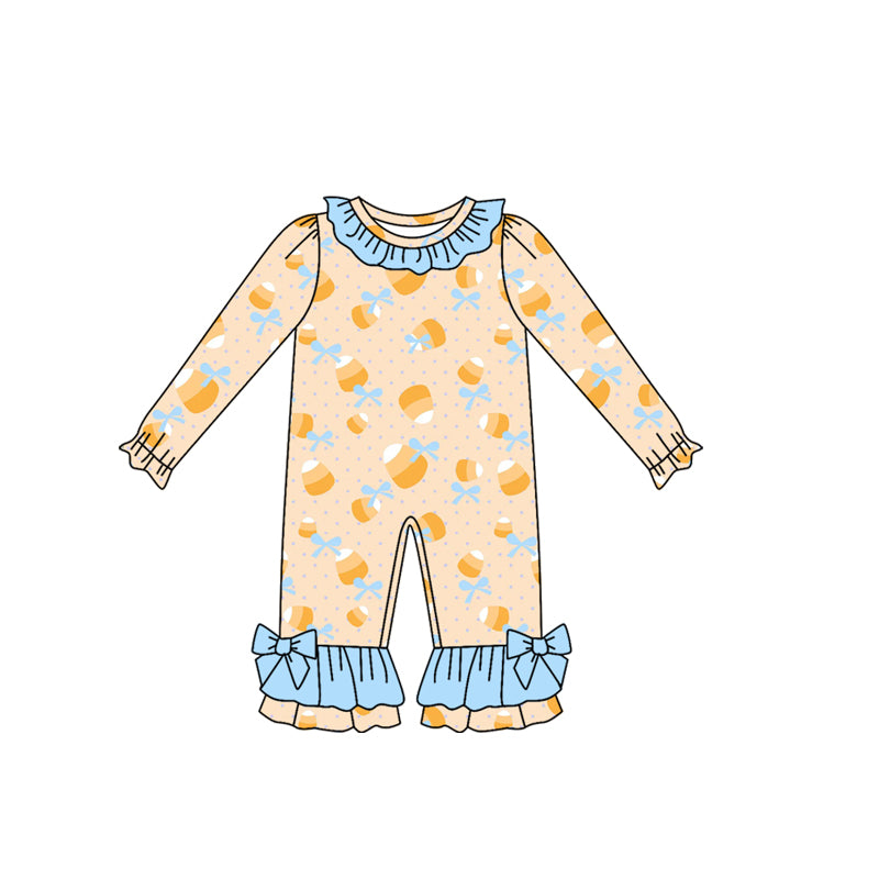 preorder LR2472 Halloween corn candy bows blue long sleeve girls romper