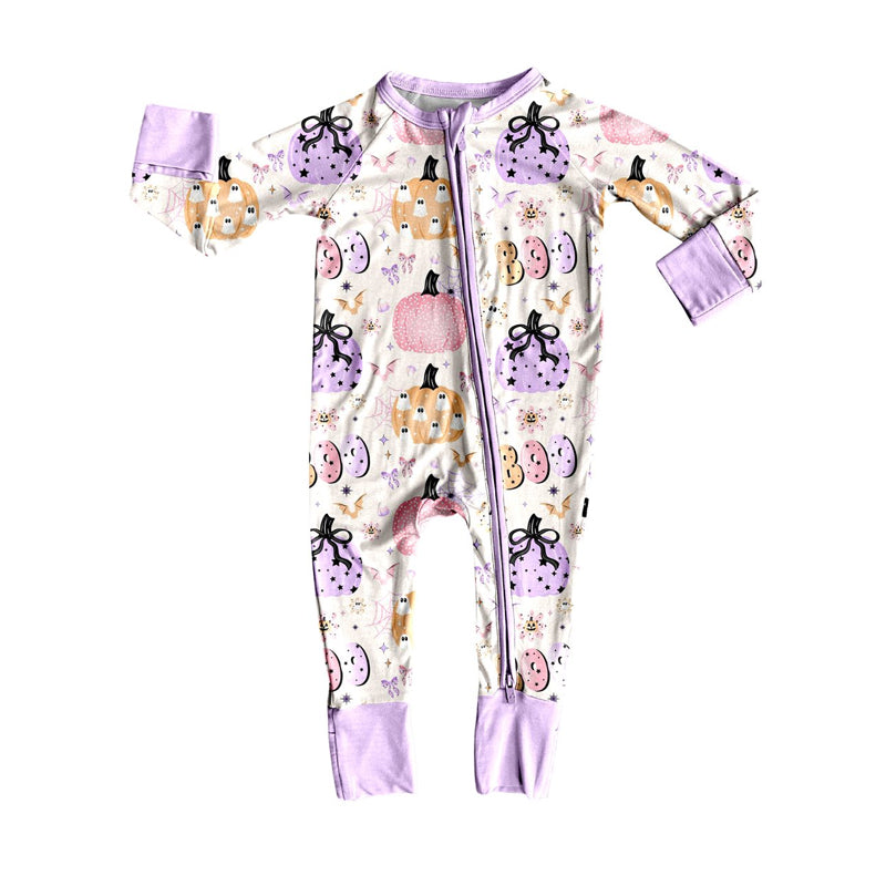 preorder LR2474 Halloween BOO spooky pumpkin purple zipper long sleeve girls romper