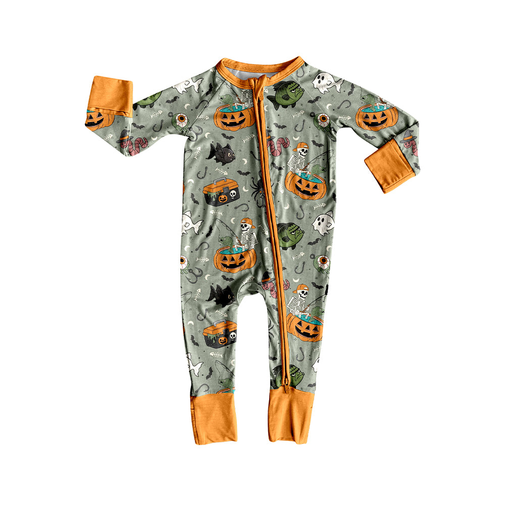 preorder LR2480 Halloween smile pumpkin fishing zipper long sleeve boys romper