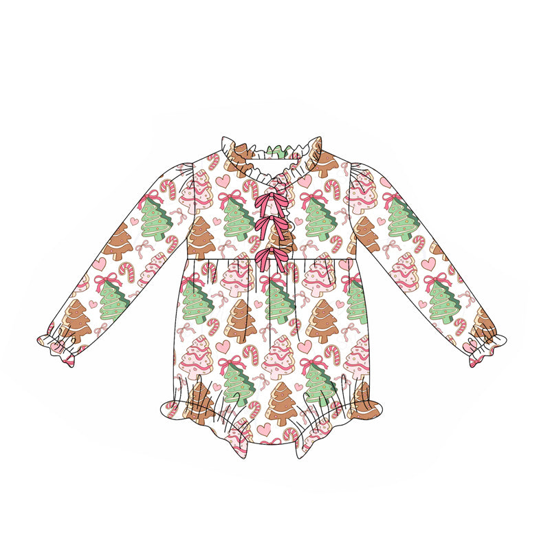 preorder LR2483 Christmas cane candy tree cake long sleeve girls romper