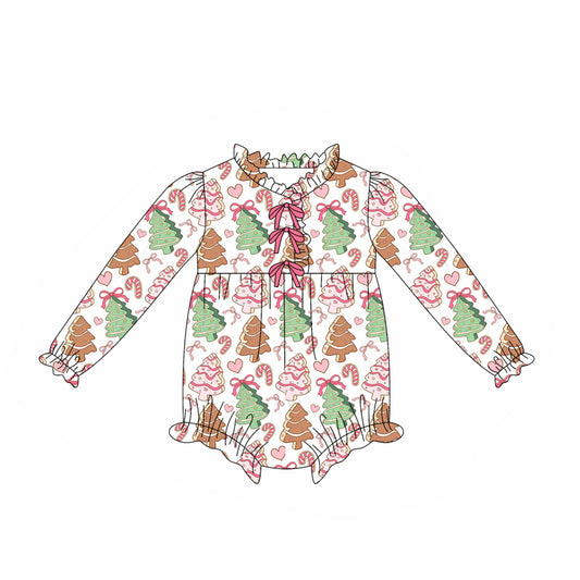 preorder LR2483 Christmas cane candy tree cake long sleeve girls romper