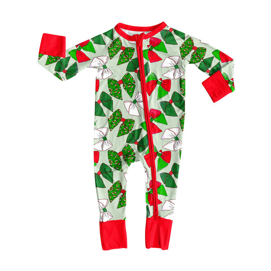 preorder LR2485 Christmas green bows red zipper long sleeve girls romper