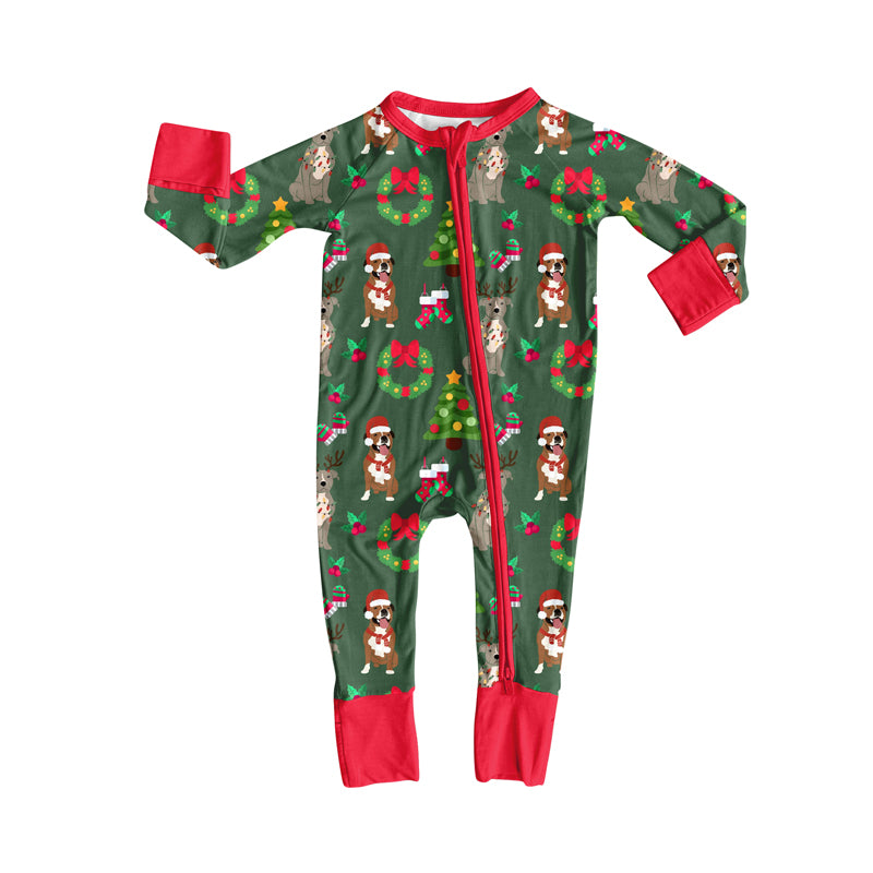 preorder LR2487 Christmas dog tree green long sleeve zipper boys romper