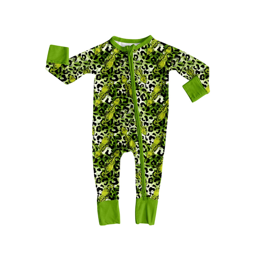 preorder LR2488 Christmas green face leopard long sleeve zipper boys romper