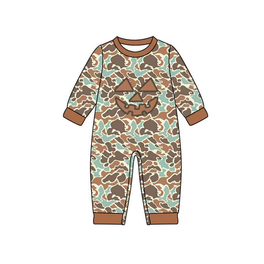 preorder LR2492 Halloween camo smile pumpkin long sleeve boys romper