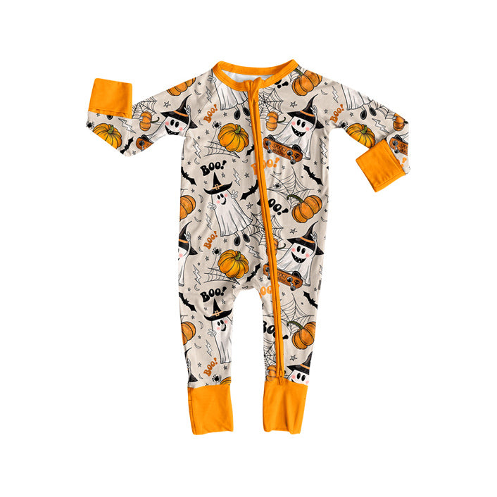 preorder LR2494 Halloween spooky bat pumpkin boo orange zipper long sleeve girls romper