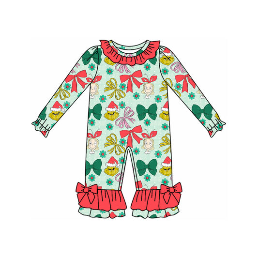 Custom moq 20 bamboo Christmas green face bows green long sleeve girls romper