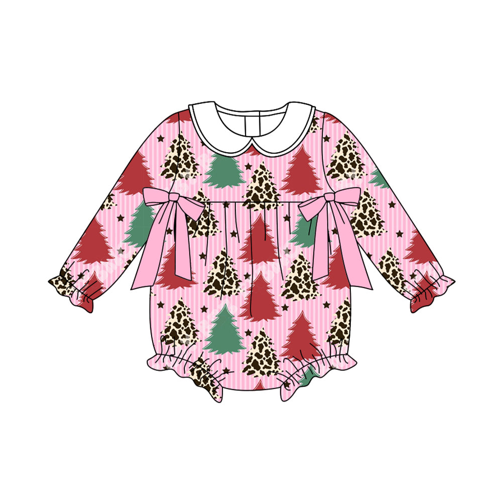 preorder LR2502 Christmas green red tree pink long sleeve girls romper