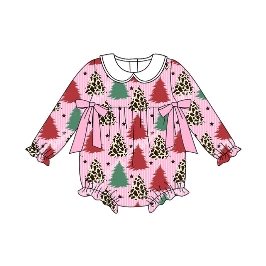 preorder LR2502 Christmas green red tree pink long sleeve girls romper